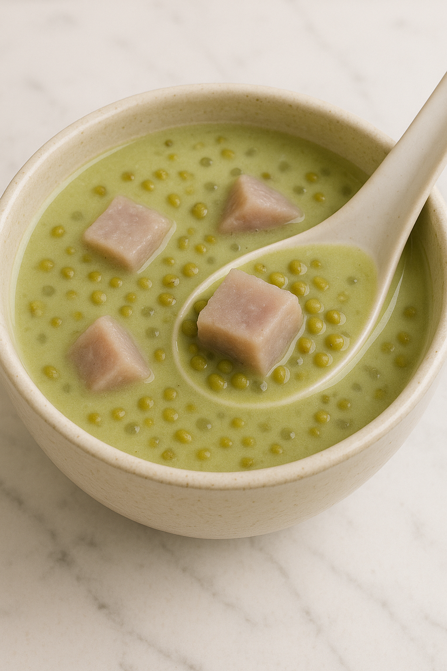 Creamy mung bean and taro dessert soup with tapioca pearls in a ceramic bowl – traditional Asian sweet soup rich in fiber and energy-boosting ingredients